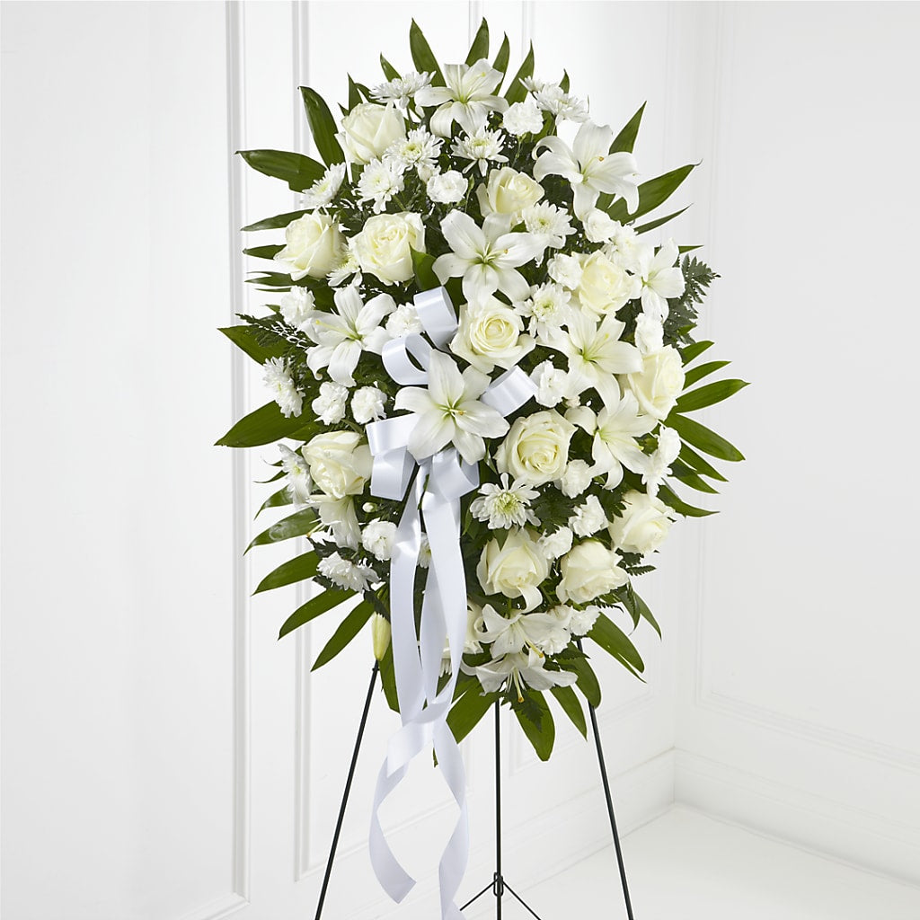 Exquisite Tribute Standing Spray-White Ribbon – Dreamy Flowers Llc, Wesley Chapel FL